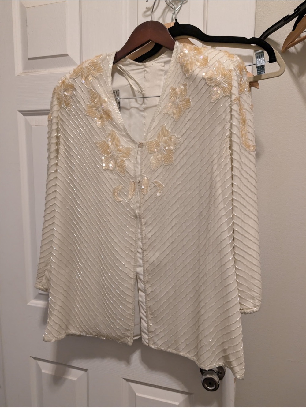 Vintage Cream beaded Women's Skirt Set w Shoulder Pads - Elegant Floral